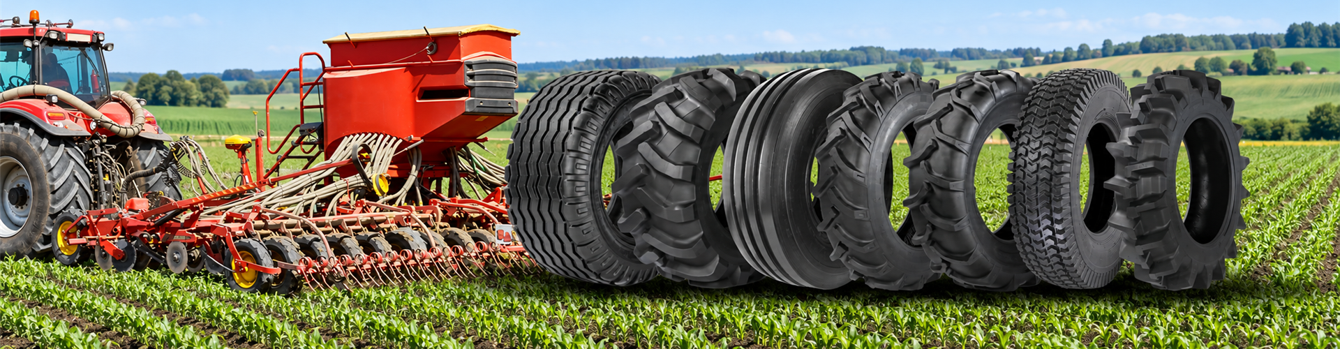Agricultural tyre range displayed with planting machinery in a green field