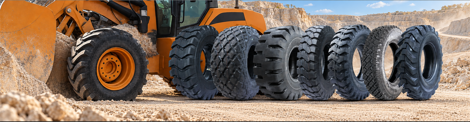 OTR tyre range beside earthmoving equipment in a quarry