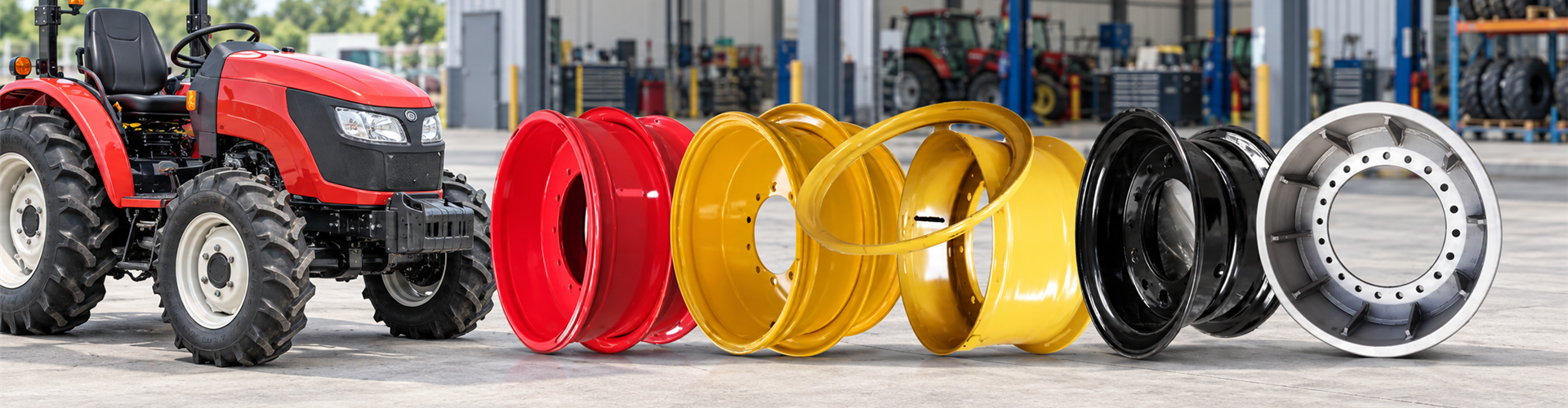 Industrial wheels and rims displayed with agricultural machinery in a service workshop