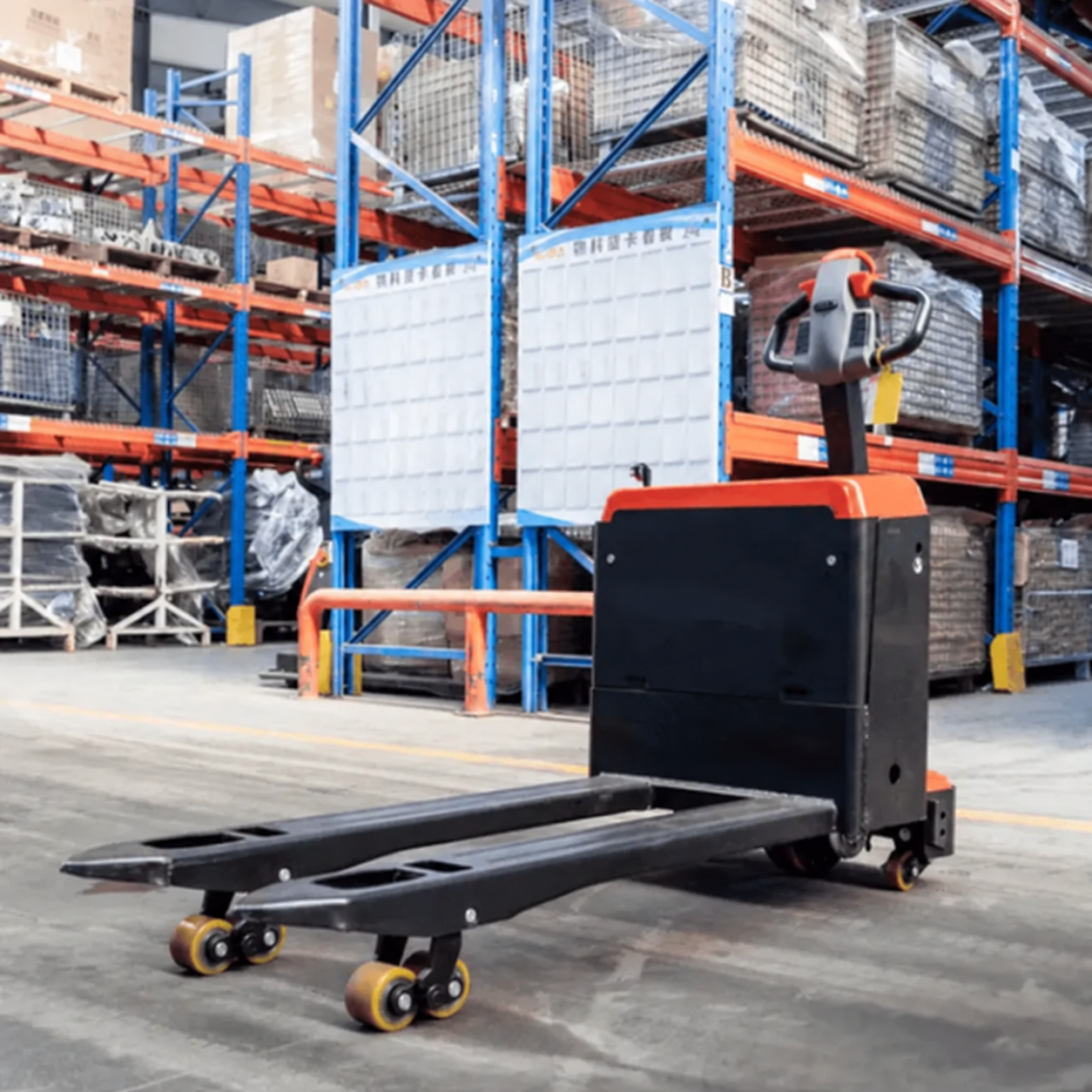 Unbranded electric pallet truck in a warehouse