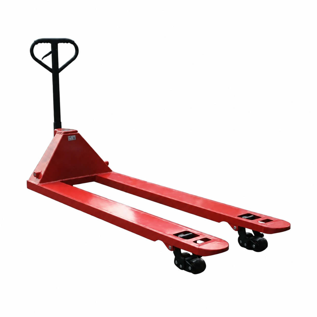 Unbranded red hand pallet truck on a white background