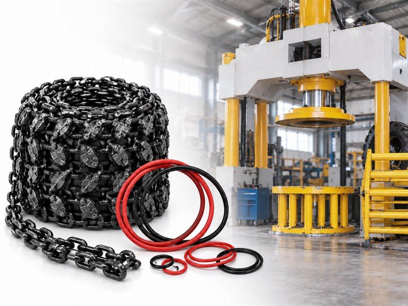 Tyre protection chains, O-rings and an industrial tyre press