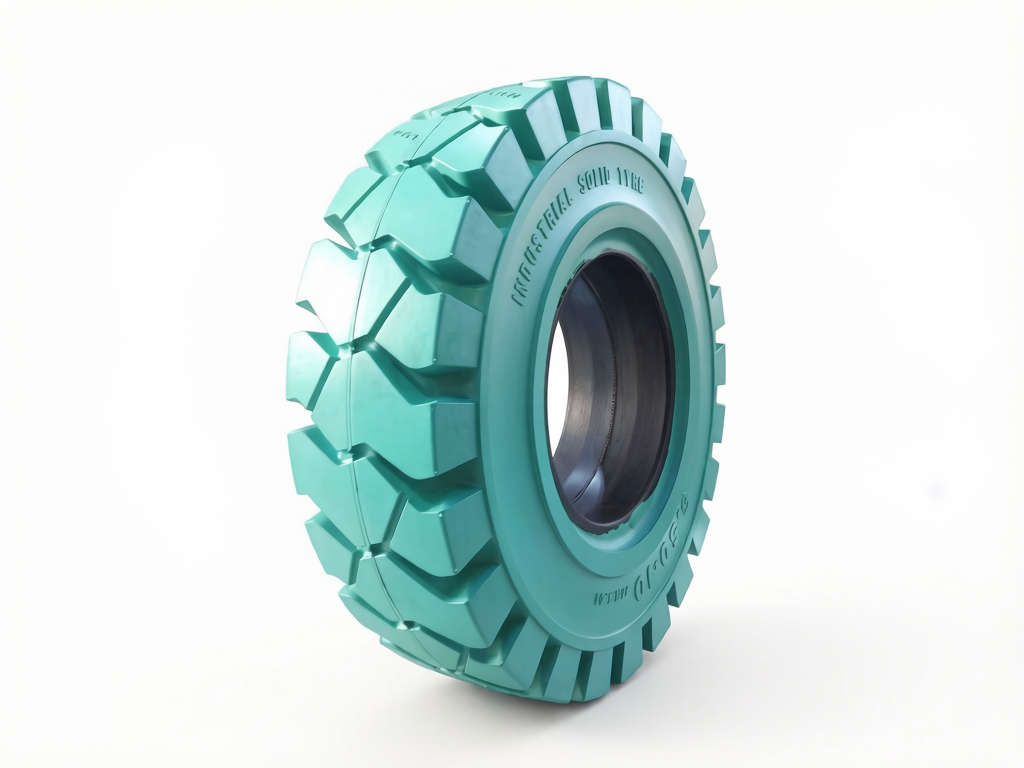 Green non-marking solid forklift tyre on a white background