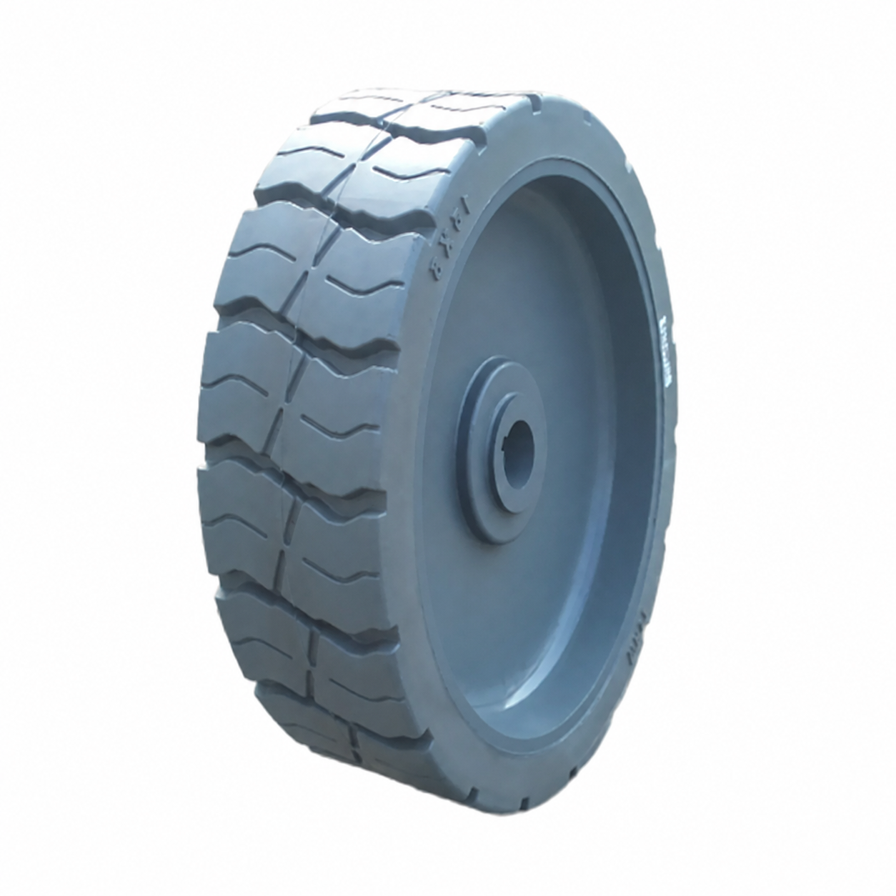Grey scissor-lift solid tyre and wheel assembly
