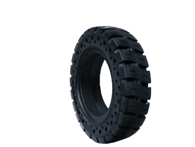 Aperture-style shock-absorbing solid forklift tyre
