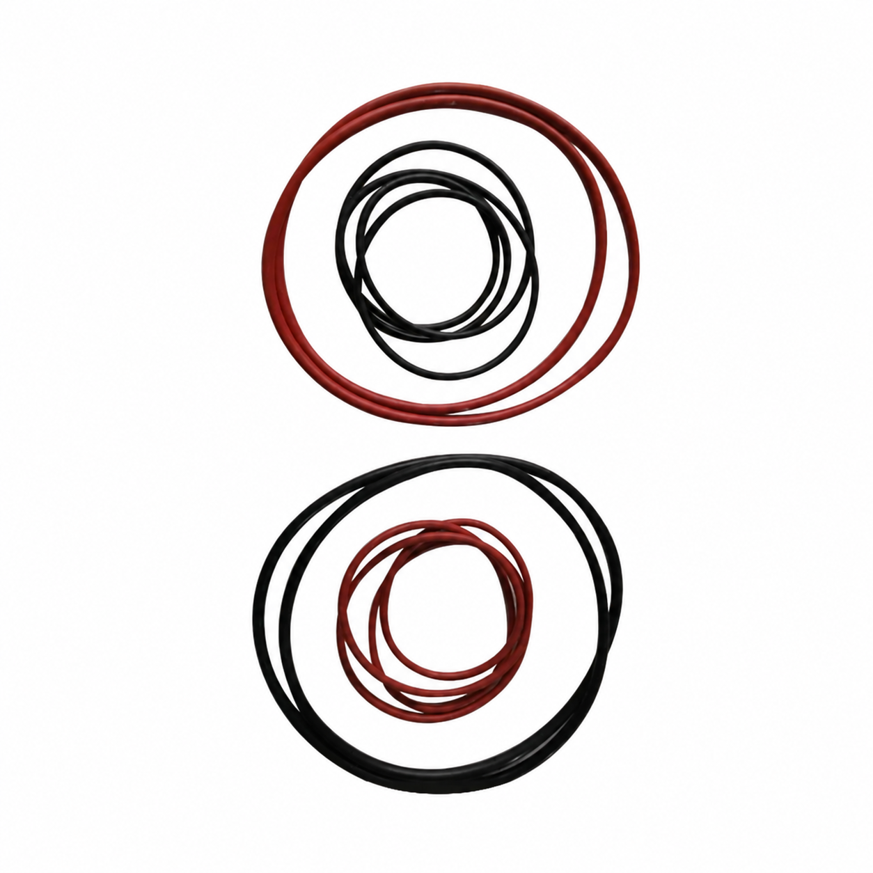 Unbranded red and black industrial O-rings on a white background