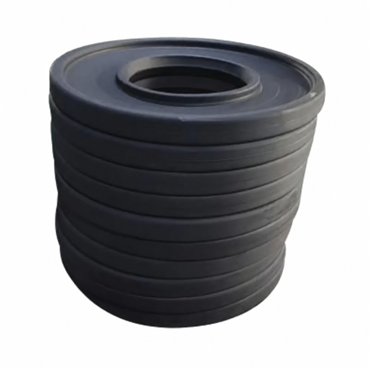 Unbranded stacked black rubber rings on a white background