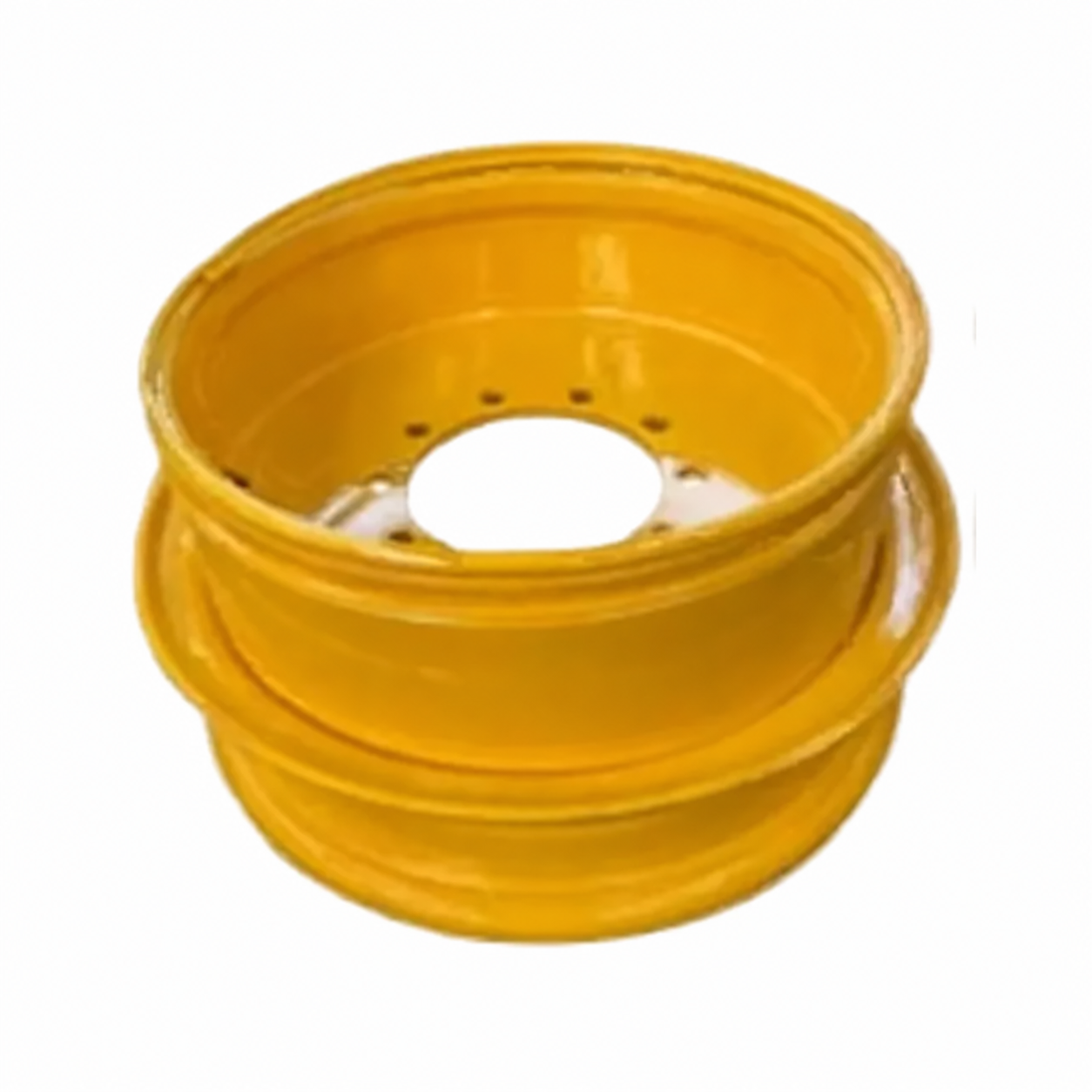 Unbranded yellow construction machinery wheel on a white background
