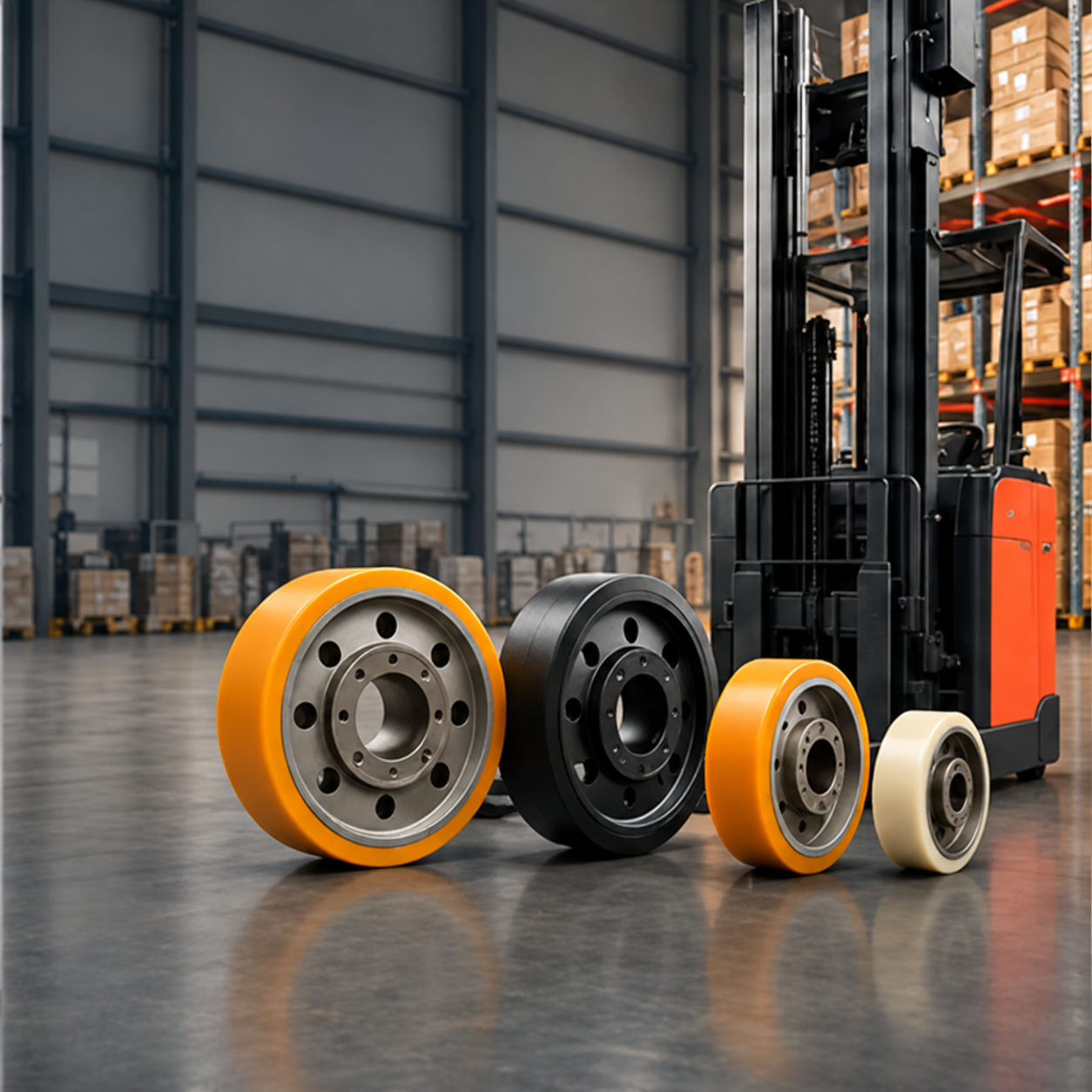Unbranded reach truck wheels in a warehouse setting